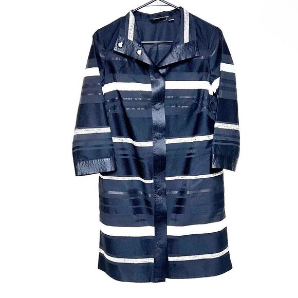 NWOT Per Se by Carlisle Black White Stripe Satin Trim Trench Coat Womens Sz 0 - Picture 1 of 11